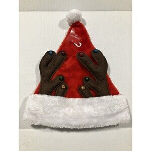 NWT Christmas Santa Hat With Reindeer Antlers And Bells  12" Xmas Cap